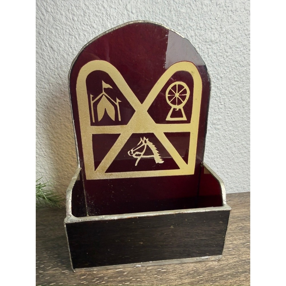 Handcrafted Stained Glass Desk Organizer Circus Carnival Horse Card Holder Red